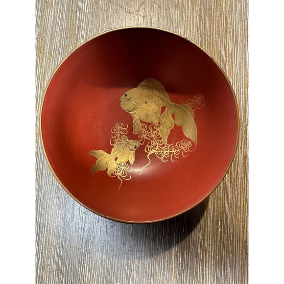 Two VTG/Antique Asian Lacquer Ware Bowls - Goldfish & Grapes Design in Gold - Picture 6 of 7